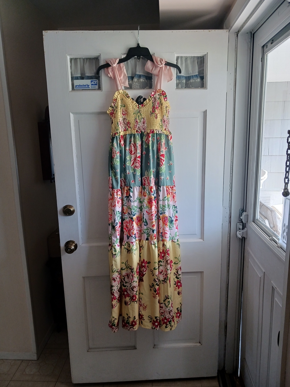 Floral Tiered Tie-Shoulder Maxi Dress For Women Size Small Yellow Green Pink